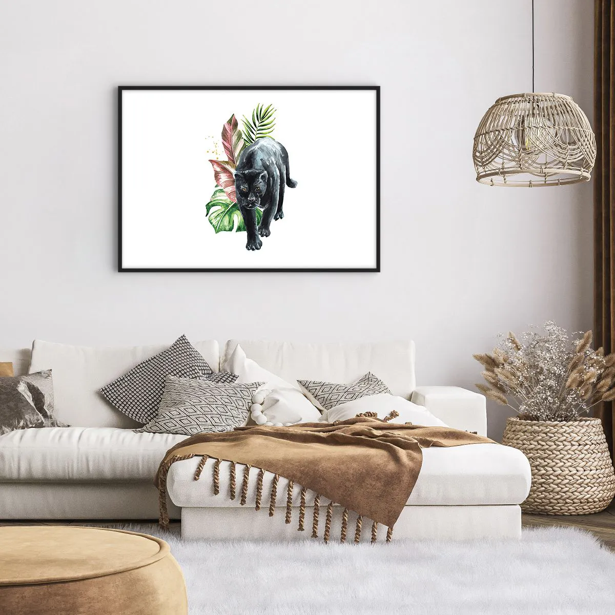 Poster in cornice nera - Pantera nera circondata da foglie tropicali - 100x70cm - Cuore selvaggio - Decorazione murale moderna per soggiorno e camera da letto ARTTOR