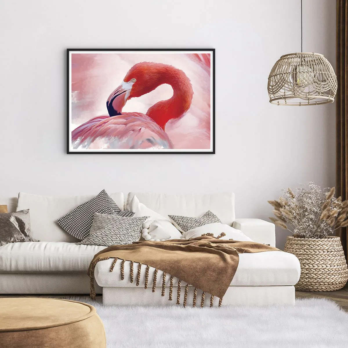 Affiche dans un cadre noir - Poster - Un flamant rose aux tons roses sur fond clair - 100x70cm - Beauté des oiseaux - Décoration murale moderne pour le salon et la chambre ARTTOR