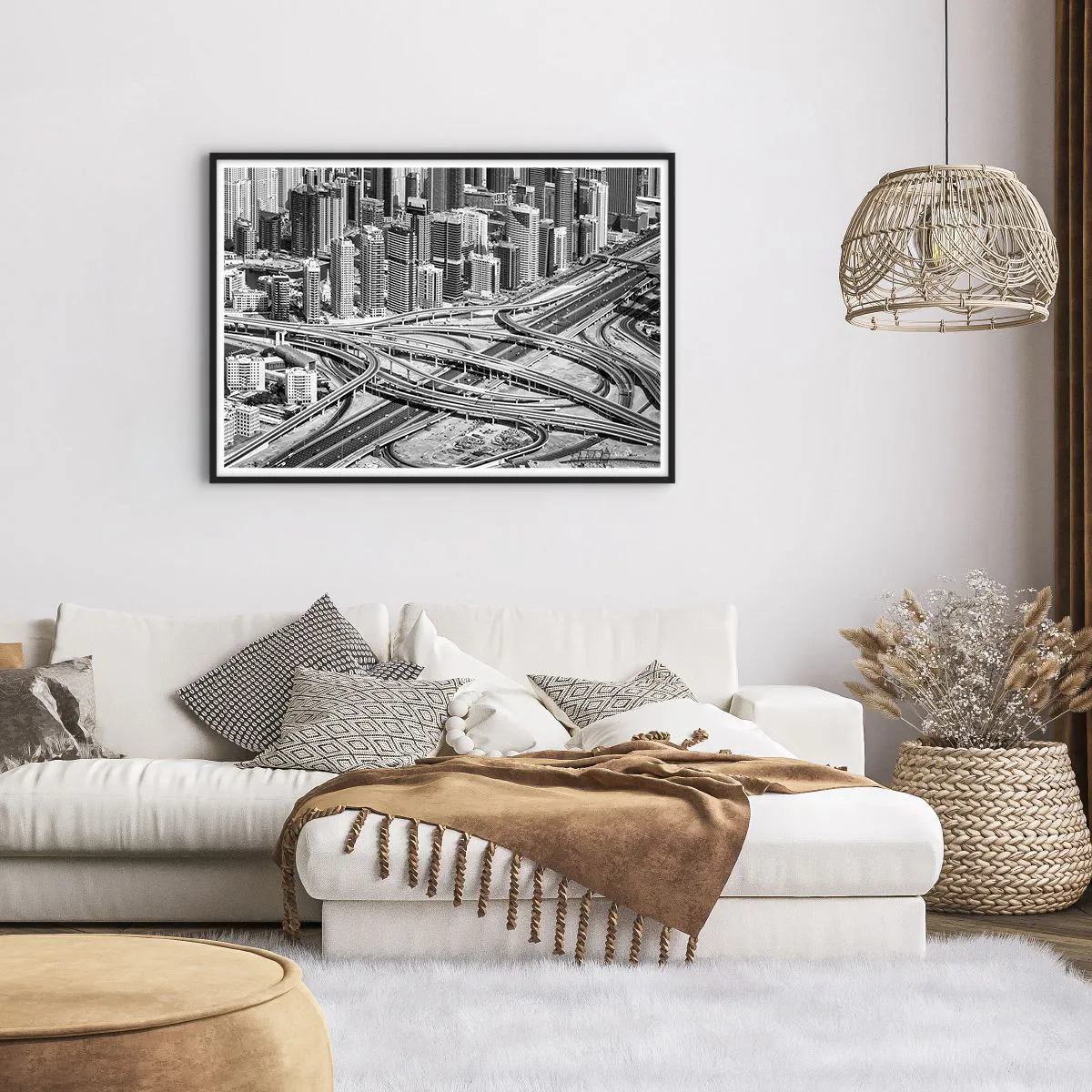 Poster in einem schwarzem Rahmen - Dubai aus der Vogelperspektive - 100x70cm - Dubai - die unmögliche Stadt - Moderne Wanddekoration für Wohnzimmer und Schlafzimmer ARTTOR