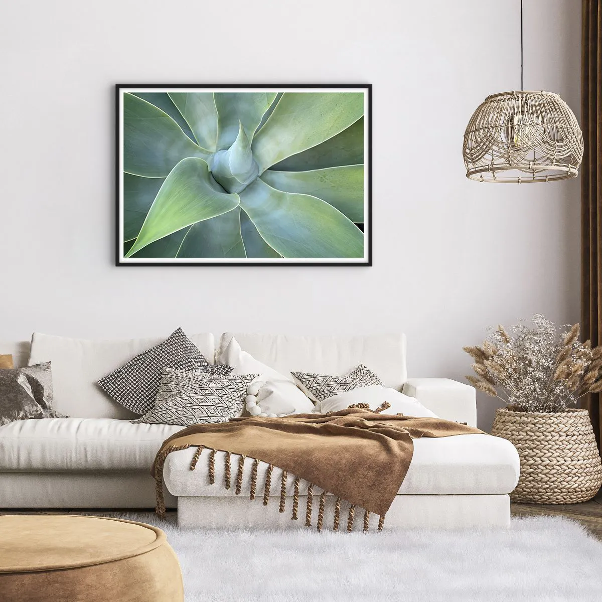 Poster in einem schwarzem Rahmen - Dezente Agavenblätter in Grüntönen - 100x70cm - Geburt des Grüns - Moderne Wanddekoration für Wohnzimmer und Schlafzimmer ARTTOR
