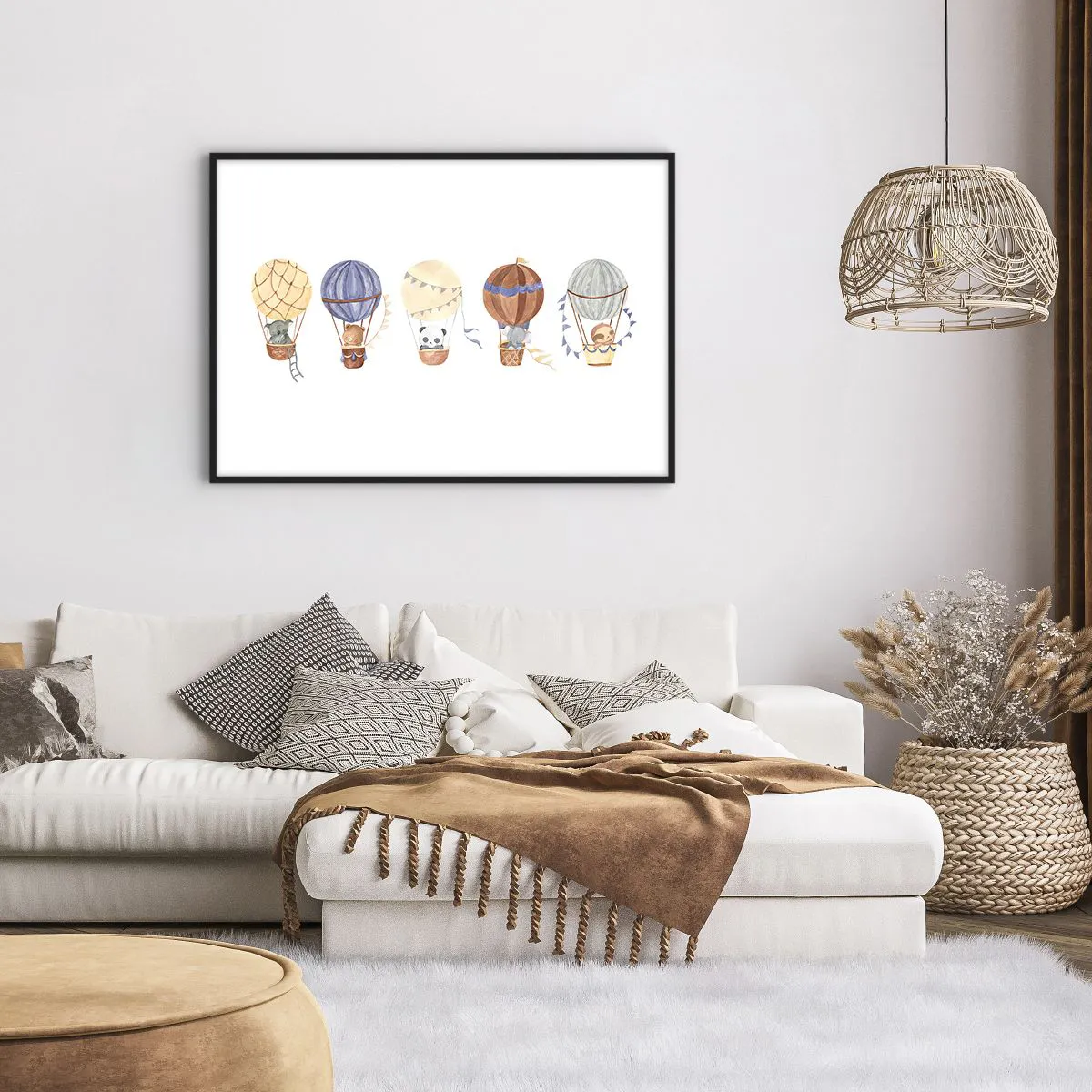 Affiche dans un cadre noir - Poster - Animaux mignons dans des ballons sur fond blanc - 100x70cm - Compagnons de voyage - Décoration murale moderne pour le salon et la chambre ARTTOR