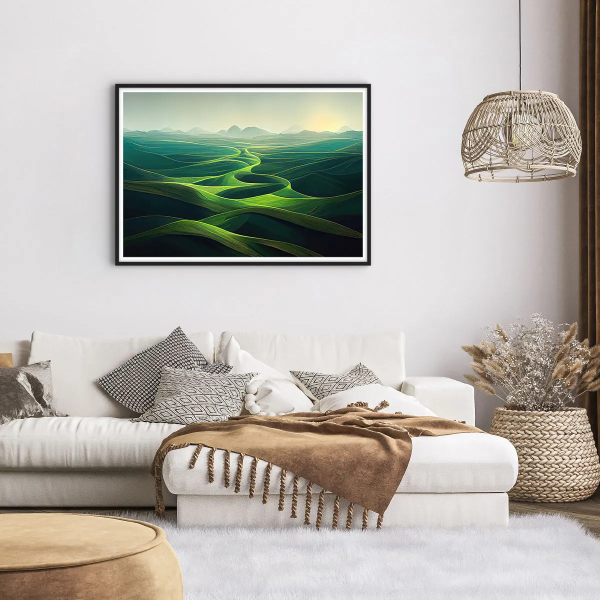 Affiche dans un cadre noir - Poster - Collines verdoyantes avec des sentiers vallonnés - 100x70cm - Dans les vallées verdoyantes - Décoration murale moderne pour le salon et la chambre ARTTOR