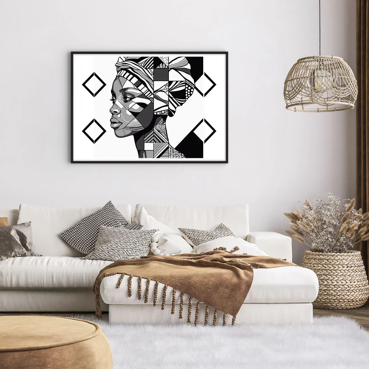 Poster in cornice nera - Ritratto in bianco e nero di una donna in stile etnico - 100x70cm - Ritratto etnico - Decorazione murale moderna per soggiorno e camera da letto ARTTOR