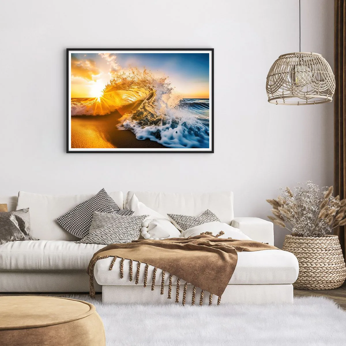 Poster in cornice nera - Un'onda dorata sullo sfondo del sole al tramonto - 100x70cm - Gioco sulla sabbia - Decorazione murale moderna per soggiorno e camera da letto ARTTOR