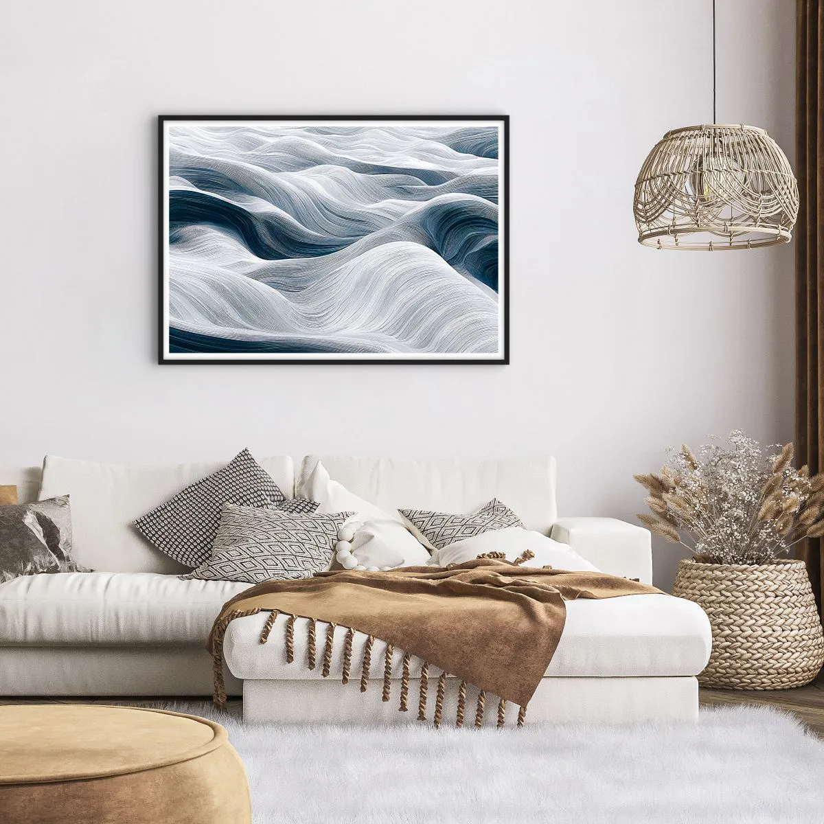 Affiche dans un cadre noir - Poster - Lignes ondulées dans des tons de bleu et de blanc - 100x70cm - Vagues blanches et bleues - Décoration murale moderne pour le salon et la chambre ARTTOR