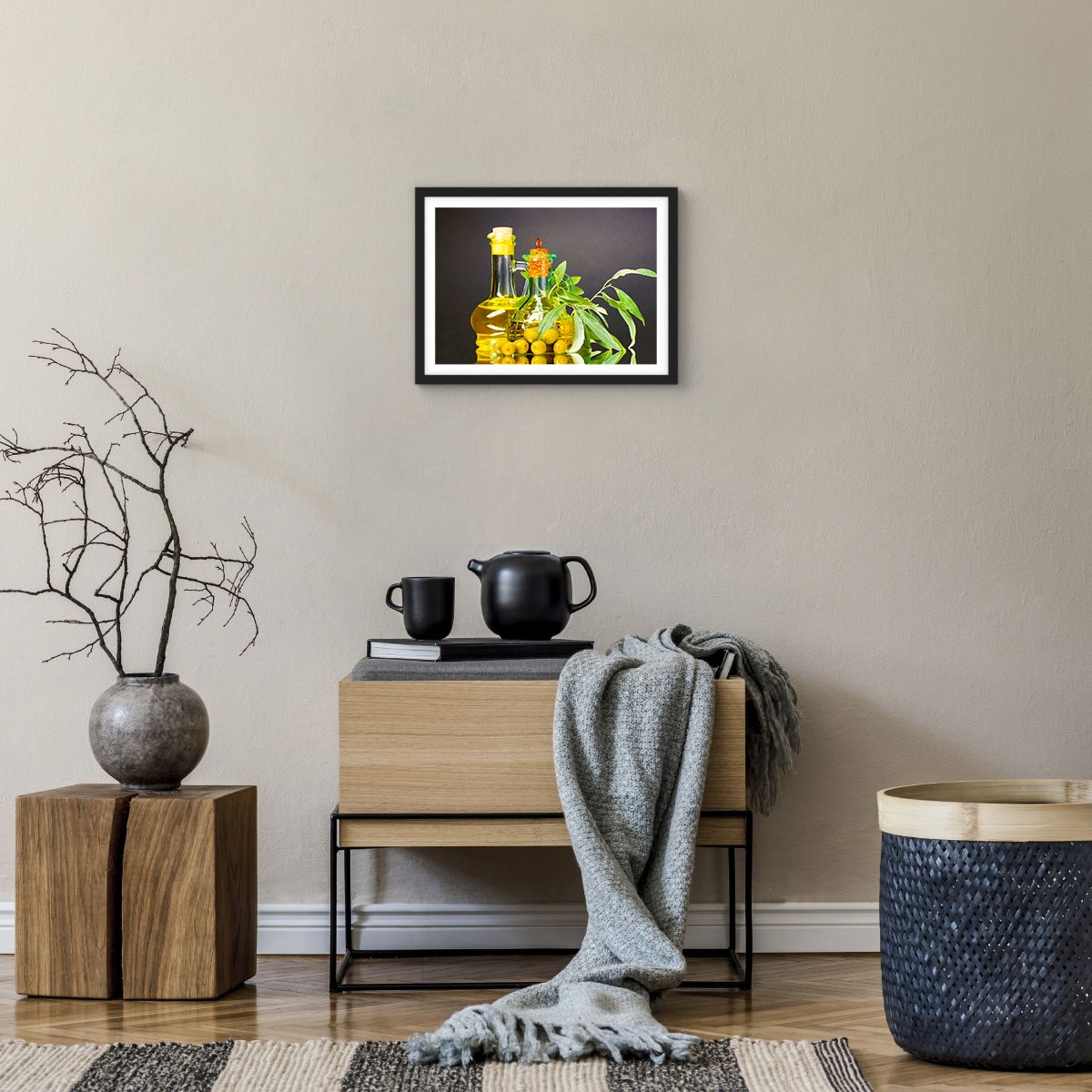 Affiche dans un cadre noir La Gastronomie, Affiche dans un cadre noir Olives, Affiche dans un cadre noir Pétrole, Affiche dans un cadre noir Épices, Affiche dans un cadre noir Culinaire