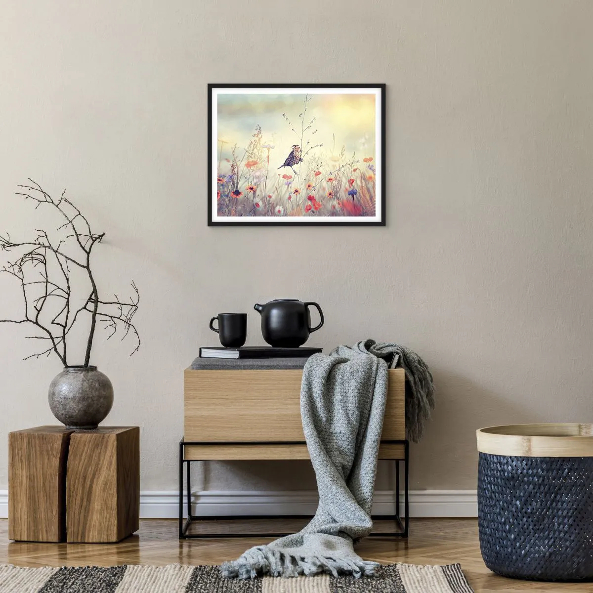 Poster in black frame - Bird Portrait with a Meadow in the Background - 50x40 cm