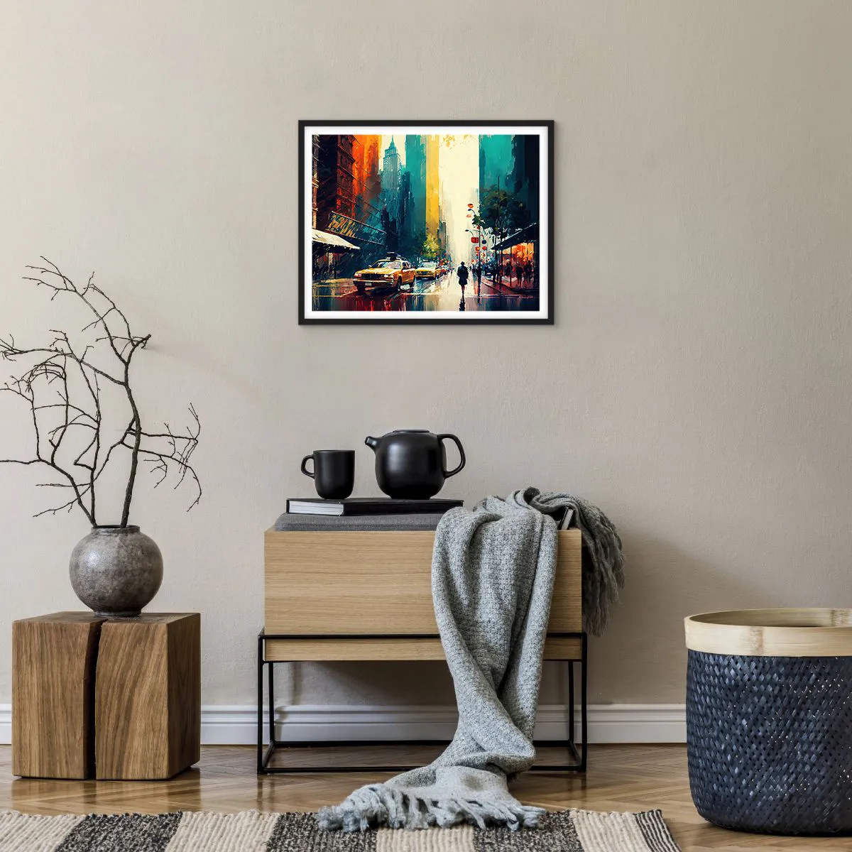 Poster in einem schwarzem Rahmen - New York – selbst der Regen ist hier bunt - 50x40 cm