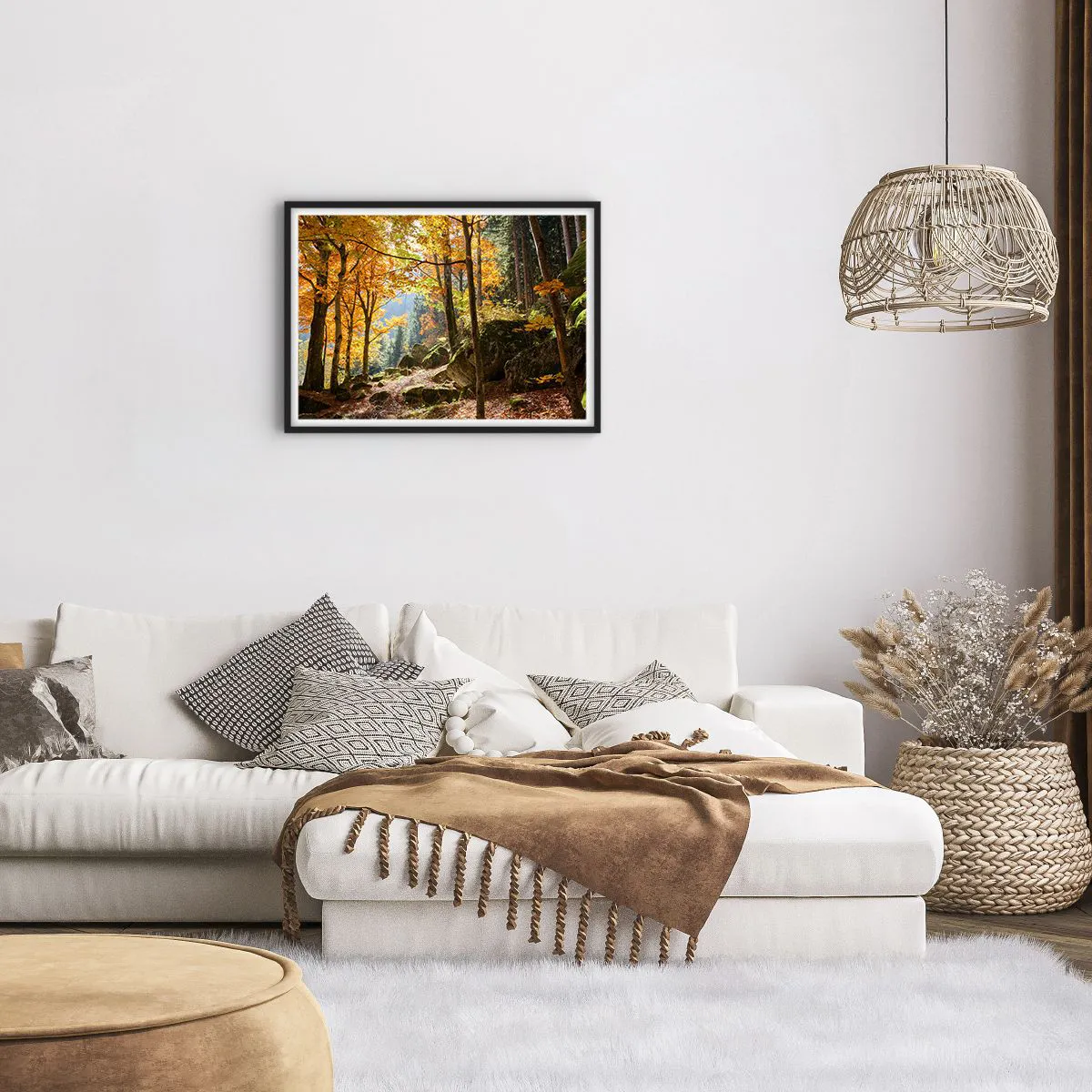 Poster in einem schwarzem Rahmen - Ein Herbstwald voller goldener Blätter und Sonnenlicht - 70x50cm - Zeit zum Entspannen - Moderne Wanddekoration für Wohnzimmer und Schlafzimmer ARTTOR