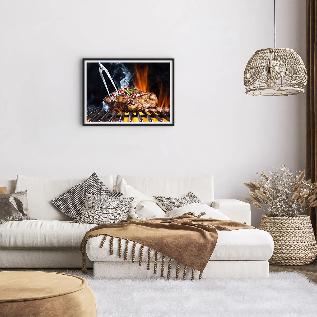 Plakat w czarnej ramie - Grillowany stek na ruszcie z przyprawami - 70x50cm - Soczyste i wonne - Nowoczesna dekoracja ścienna do salonu i sypialni ARTTOR