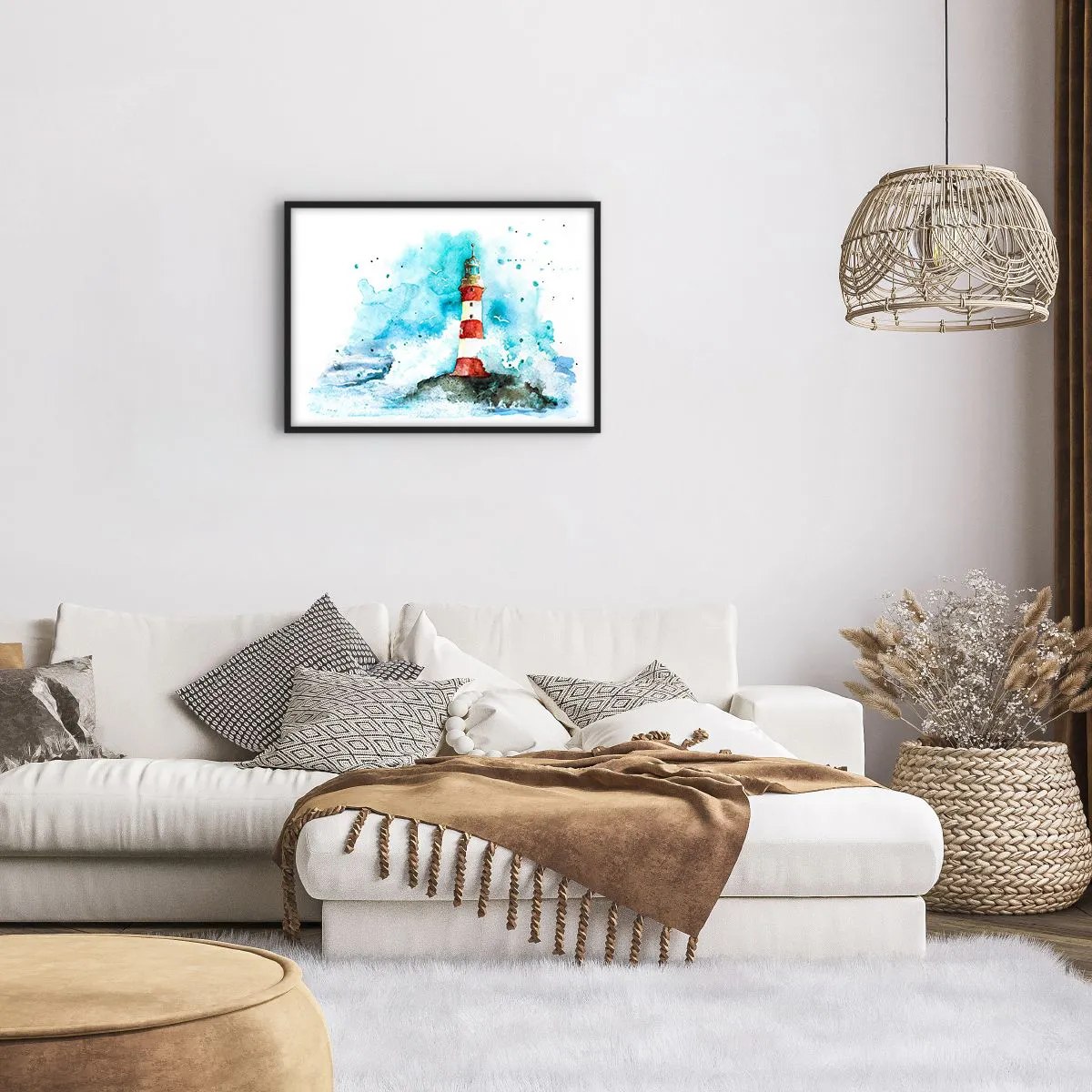 Affiche dans un cadre noir - Poster - Un phare dans un décor aquarelle sur fond bleu - 70x50cm - Unité des éléments - Décoration murale moderne pour le salon et la chambre ARTTOR