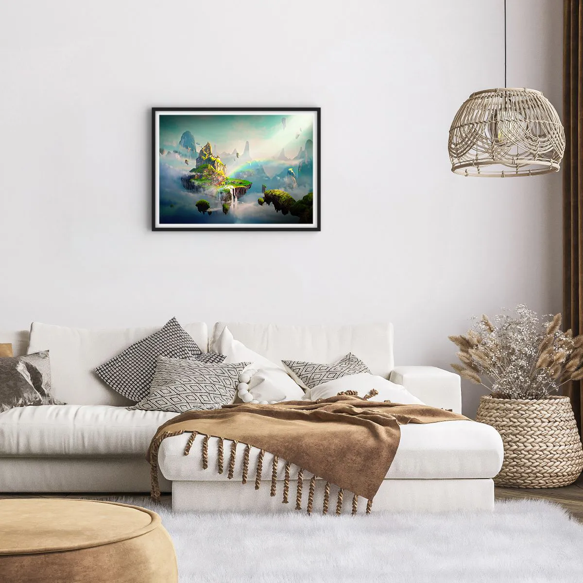 Poster in einem schwarzem Rahmen - Fliegende Inseln zwischen den Wolken mit einem Regenbogen am Horizont - 70x50cm - Mitten am Himmel - glückliche Inseln - Moderne Wanddekoration für Wohnzimmer und Schlafzimmer ARTTOR