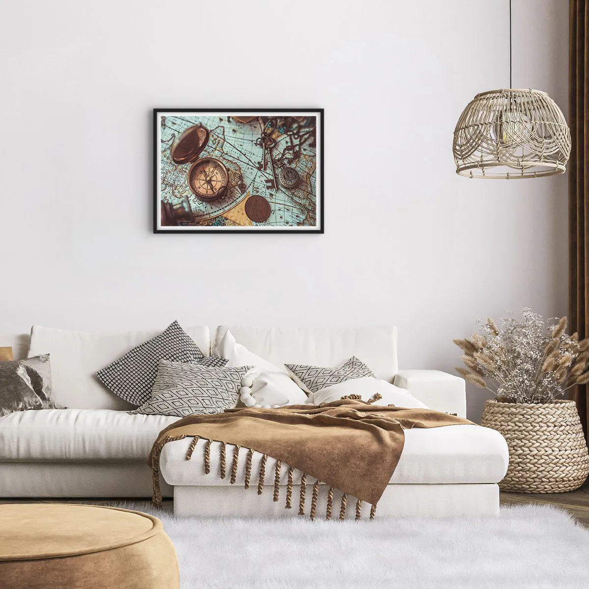 Póster en marco negro - Composición con brújula, llaves y un mapa antiguo en estilo retro - 70x50cm - Para el aventurero - Decoración de pared moderna para salón y dormitorio ARTTOR