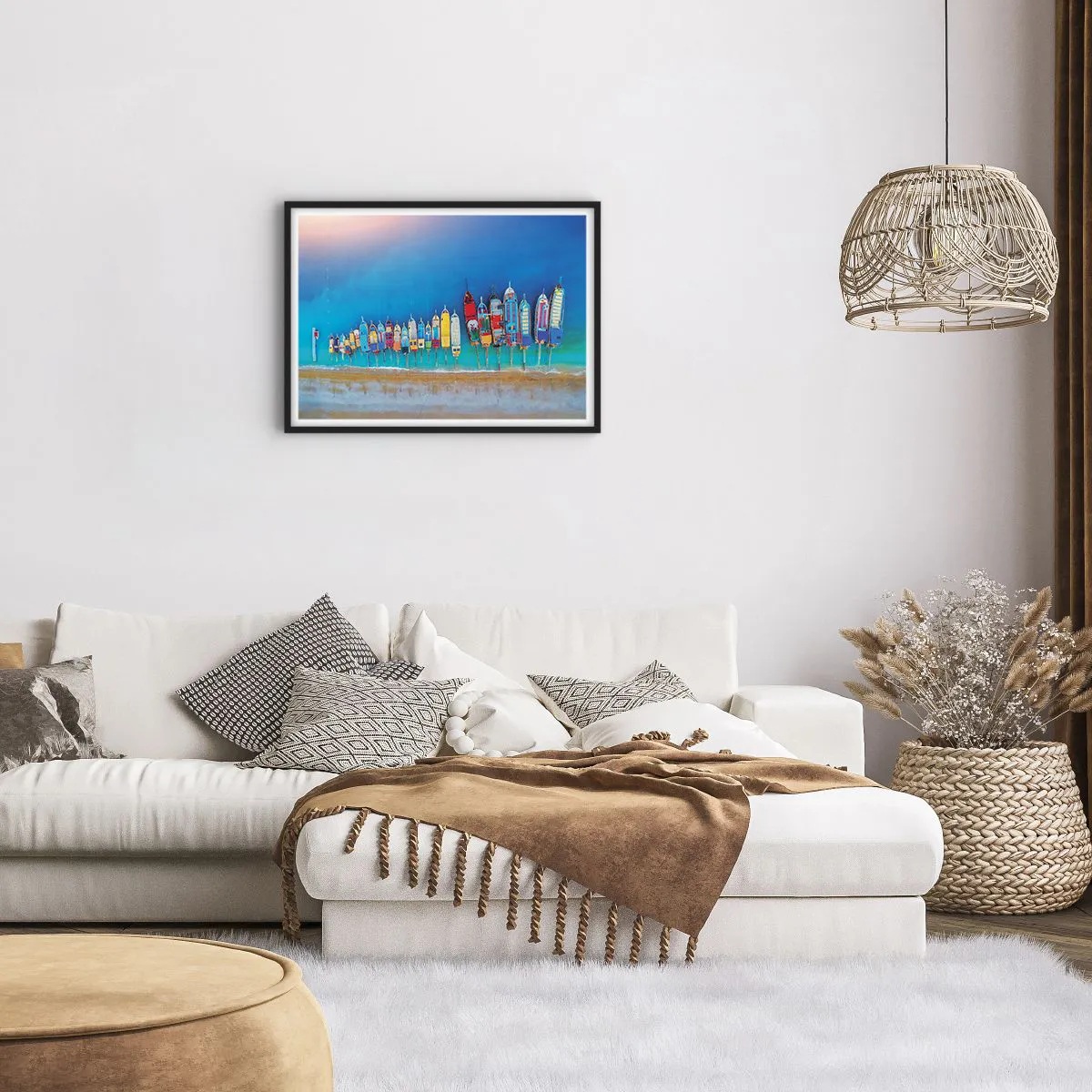 Poster in einem schwarzem Rahmen - Bunte Boote in einer Reihe am Ufer aufgereiht - 70x50cm - Aus der Vogelperspektive - Moderne Wanddekoration für Wohnzimmer und Schlafzimmer ARTTOR