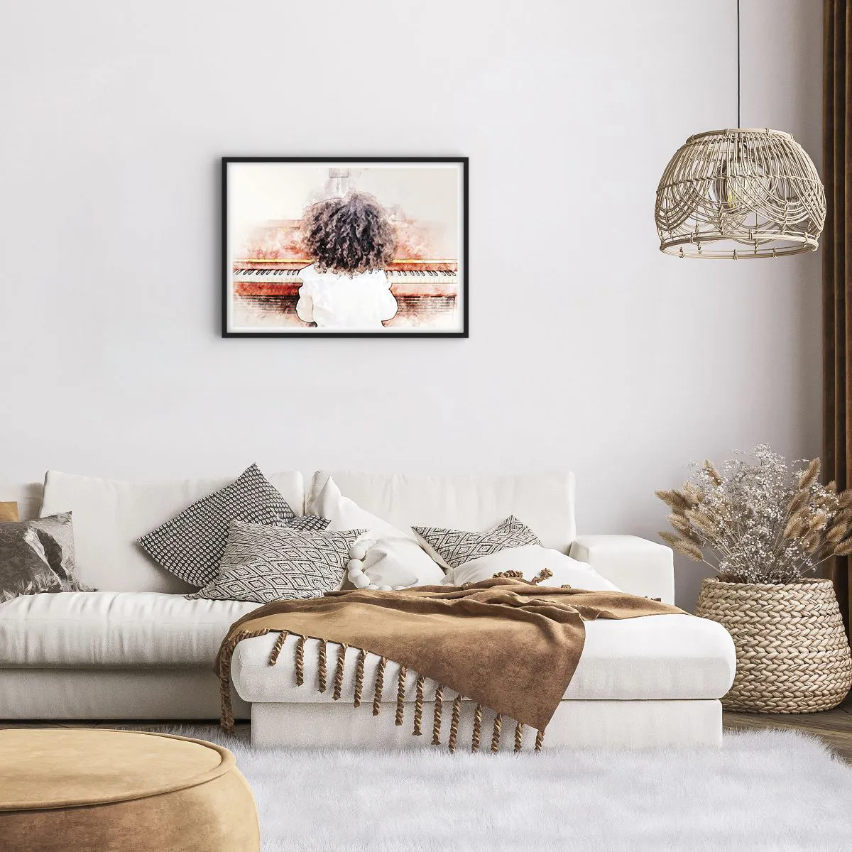 Poster in einem schwarzem Rahmen - Ein Mädchen mit buschigem Haar am Klavier - 70x50cm - In der neuen Welt - Moderne Wanddekoration für Wohnzimmer und Schlafzimmer ARTTOR