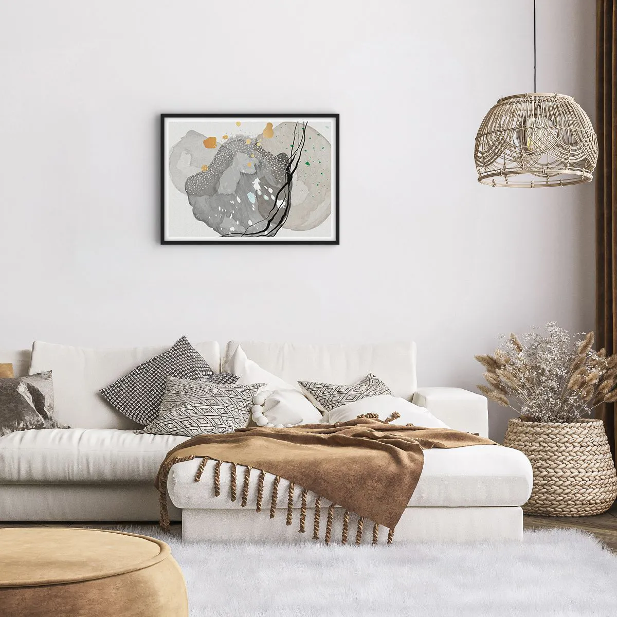 Poster in einem schwarzem Rahmen - Organische Formen in Grautönen mit Akzenten in Schwarz und Gold - 70x50cm - Organische Komposition - Moderne Wanddekoration für Wohnzimmer und Schlafzimmer ARTTOR