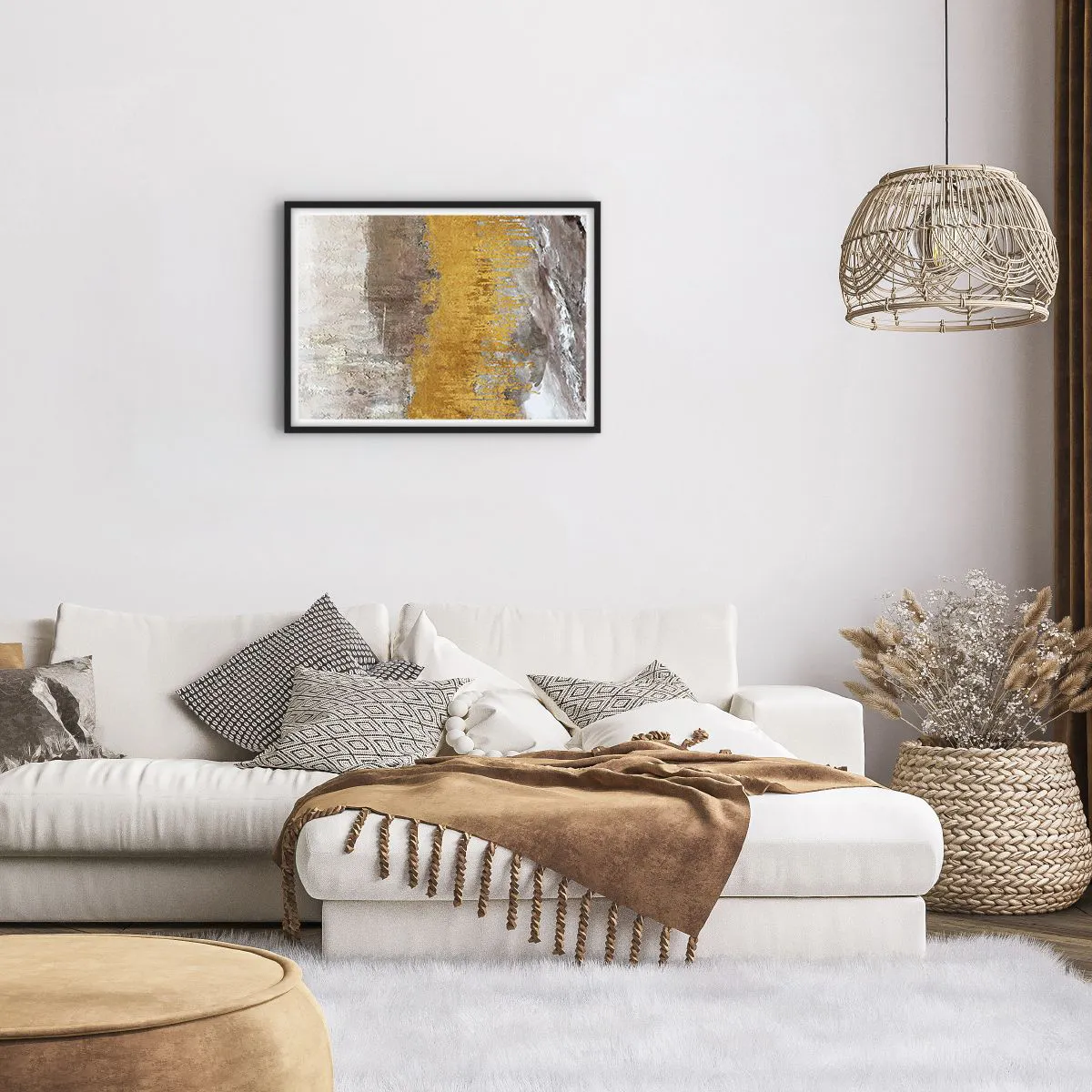 Plakat w czarnej ramie - Złoty i beżowy abstrakcyjny wzór - 70x50cm - Złocisty podmuch - Nowoczesna dekoracja ścienna do salonu i sypialni ARTTOR