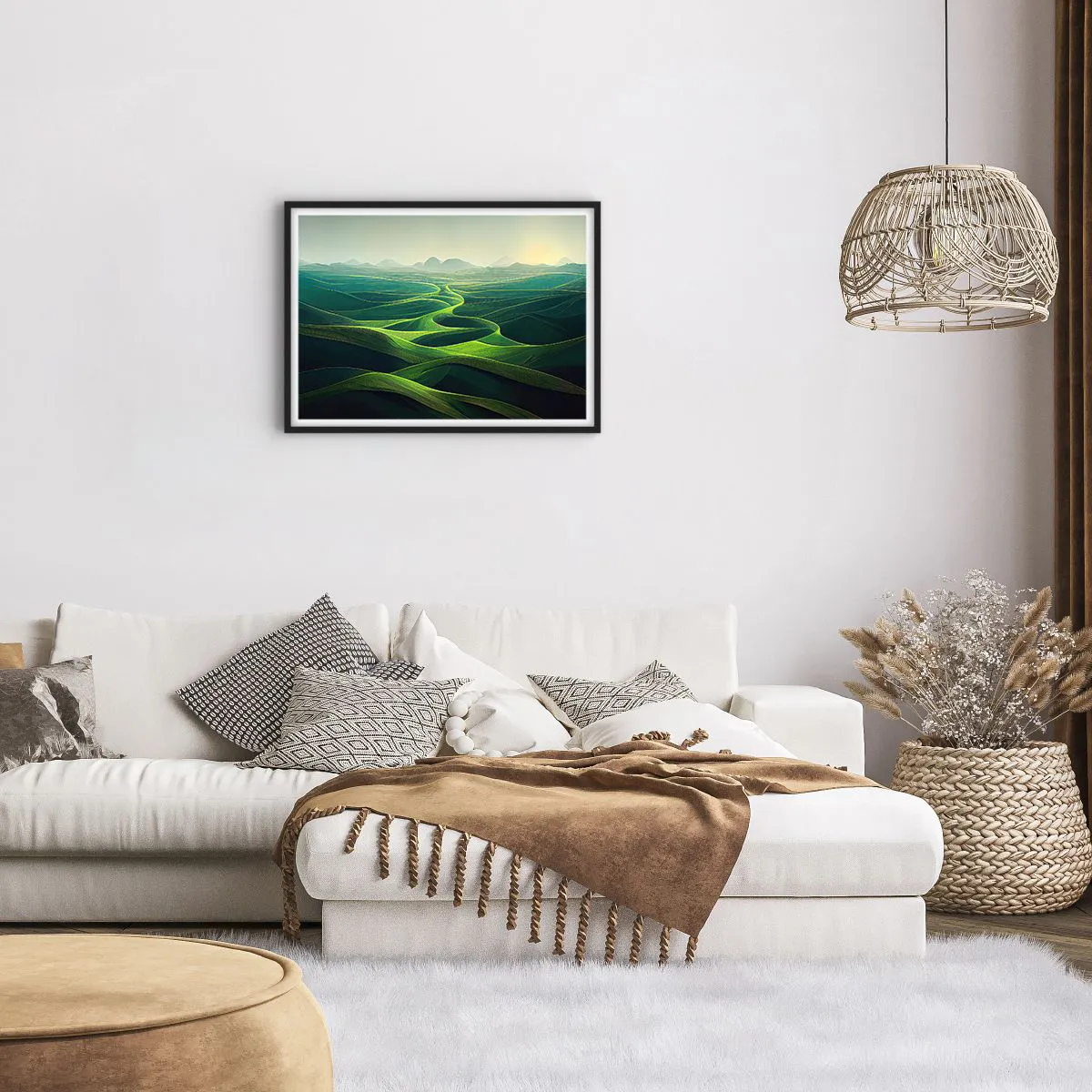 Affiche dans un cadre noir - Poster - Collines verdoyantes avec des sentiers vallonnés - 70x50cm - Dans les vallées verdoyantes - Décoration murale moderne pour le salon et la chambre ARTTOR