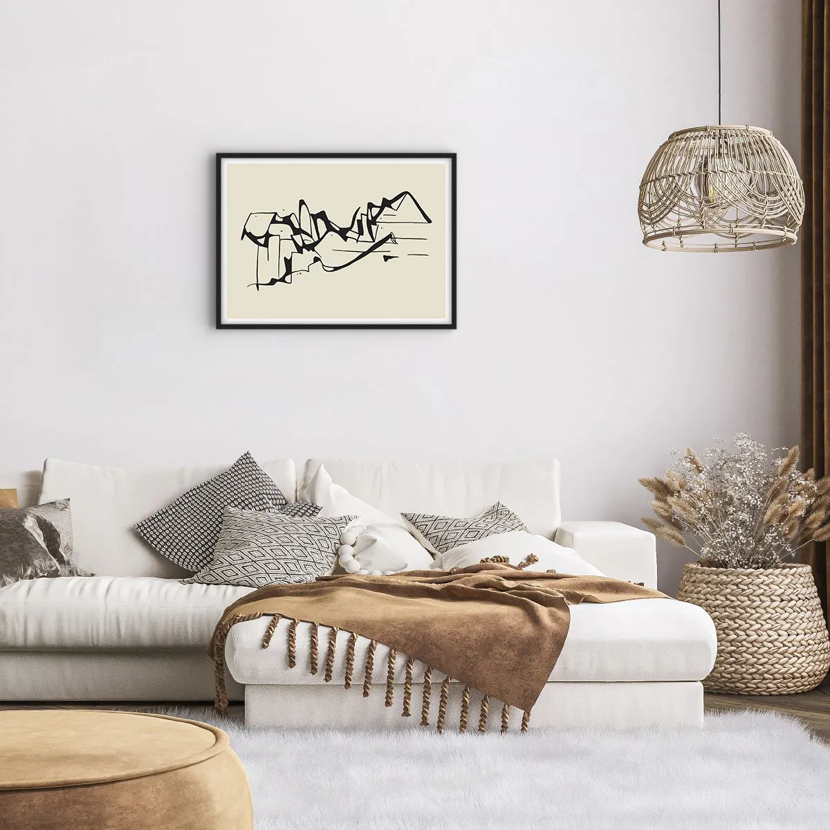 Póster en marco negro - Dibujo abstracto de montañas en blanco y negro - 70x50cm - Tal vez sea un paisaje - Decoración de pared moderna para salón y dormitorio ARTTOR