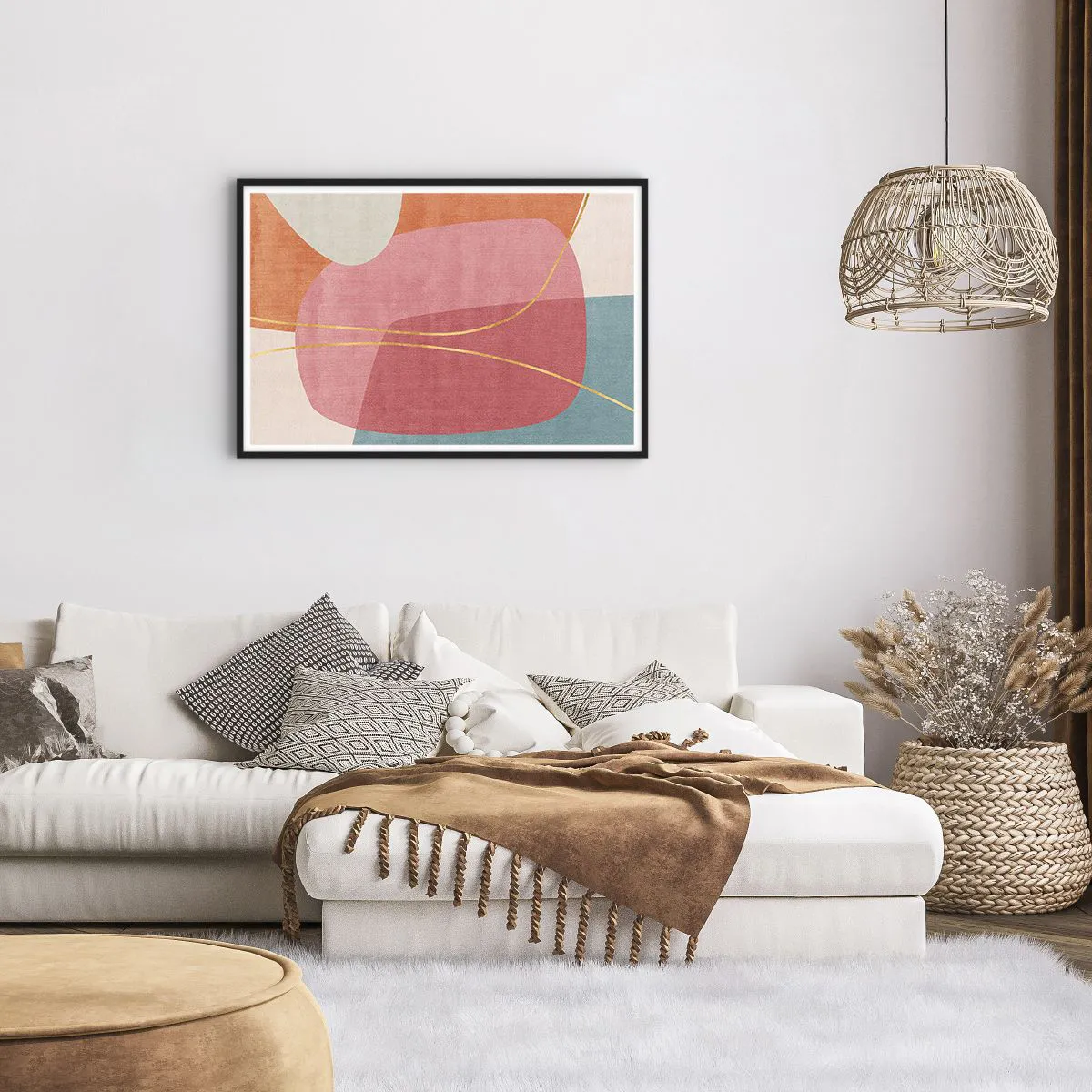 Poster in einem schwarzem Rahmen - Pastellkomposition mit Goldfaden - 91x61 cm