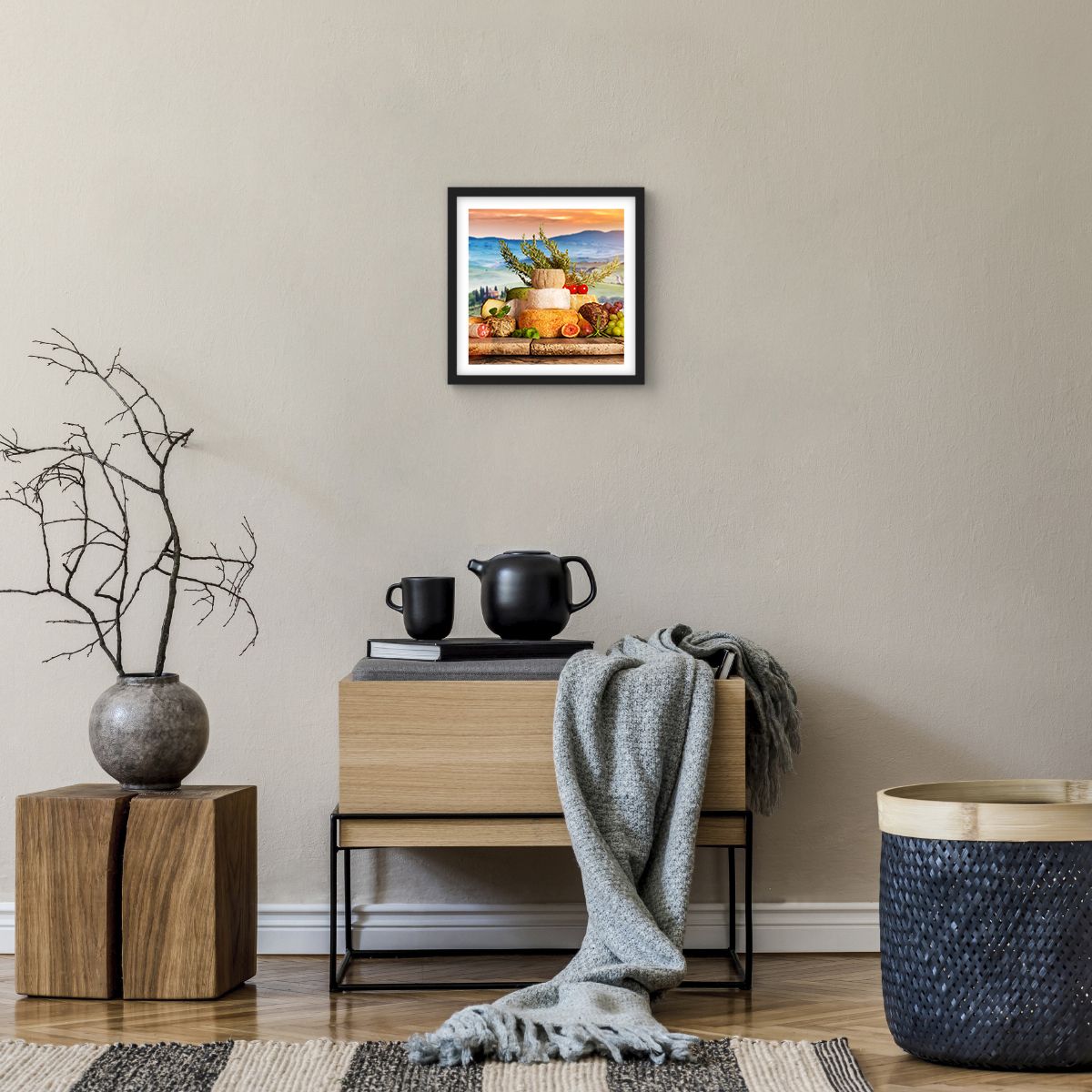 Poster in einem schwarzem Rahmen Toskana, Poster in einem schwarzem Rahmen Landschaft, Poster in einem schwarzem Rahmen Leckerer Käse, Poster in einem schwarzem Rahmen Weinberg, Poster in einem schwarzem Rahmen Küche