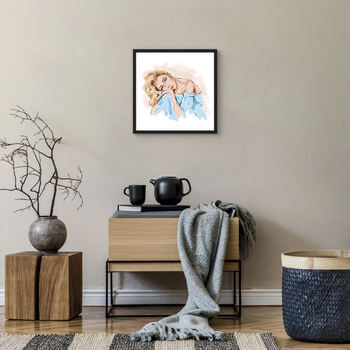 Affiche dans un cadre noir - Poster - Rêveuse en bleu - 40x40 cm