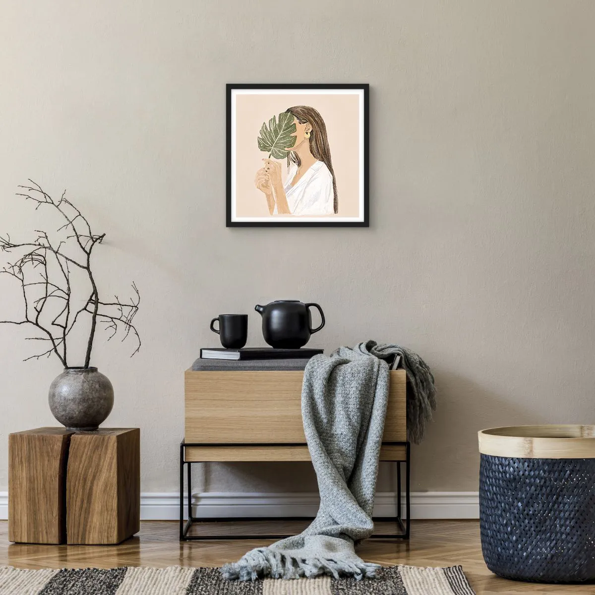 Poszter fehér keretben - Titokzatos portré legyezővel - 40x40 cm