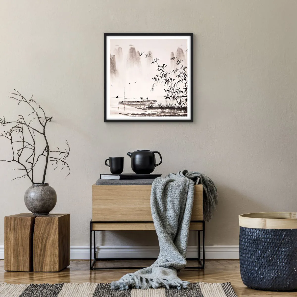 Affiche dans un cadre noir - Poster - Le silence des rizières - 50x50 cm