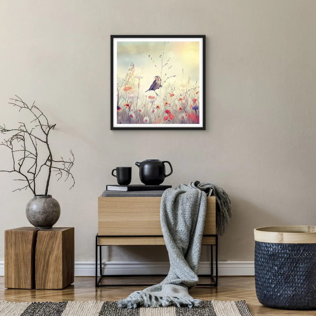Plakat w czarnej ramie - Ptasi portret z łąką w tle - 50x50 cm