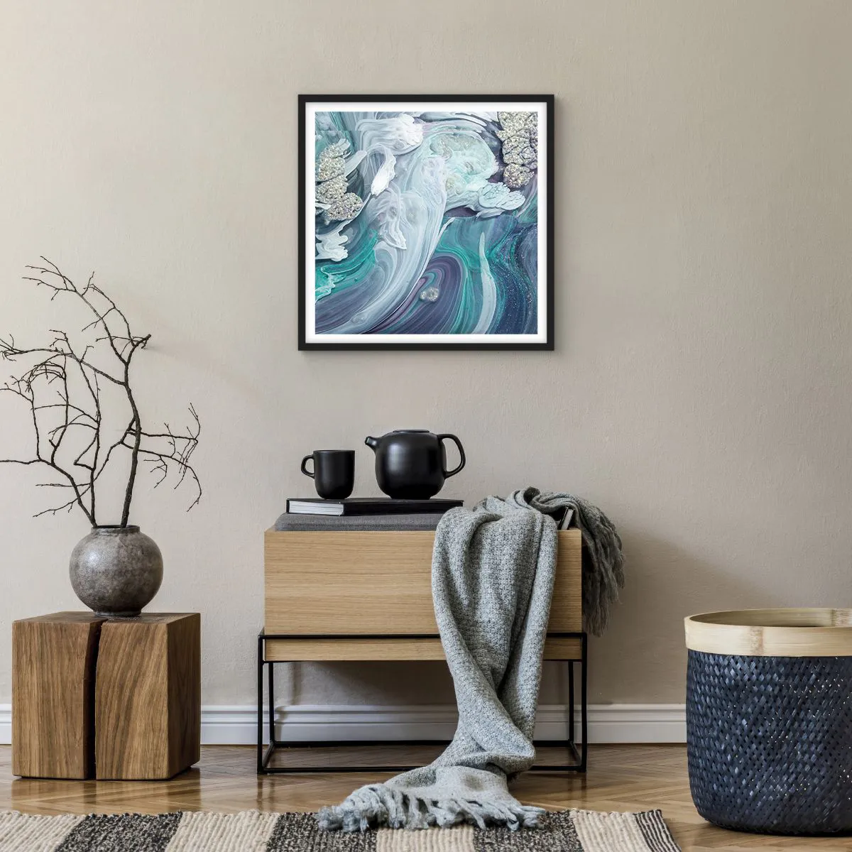 Póster en marco negro - Corrientes de azul - 50x50 cm