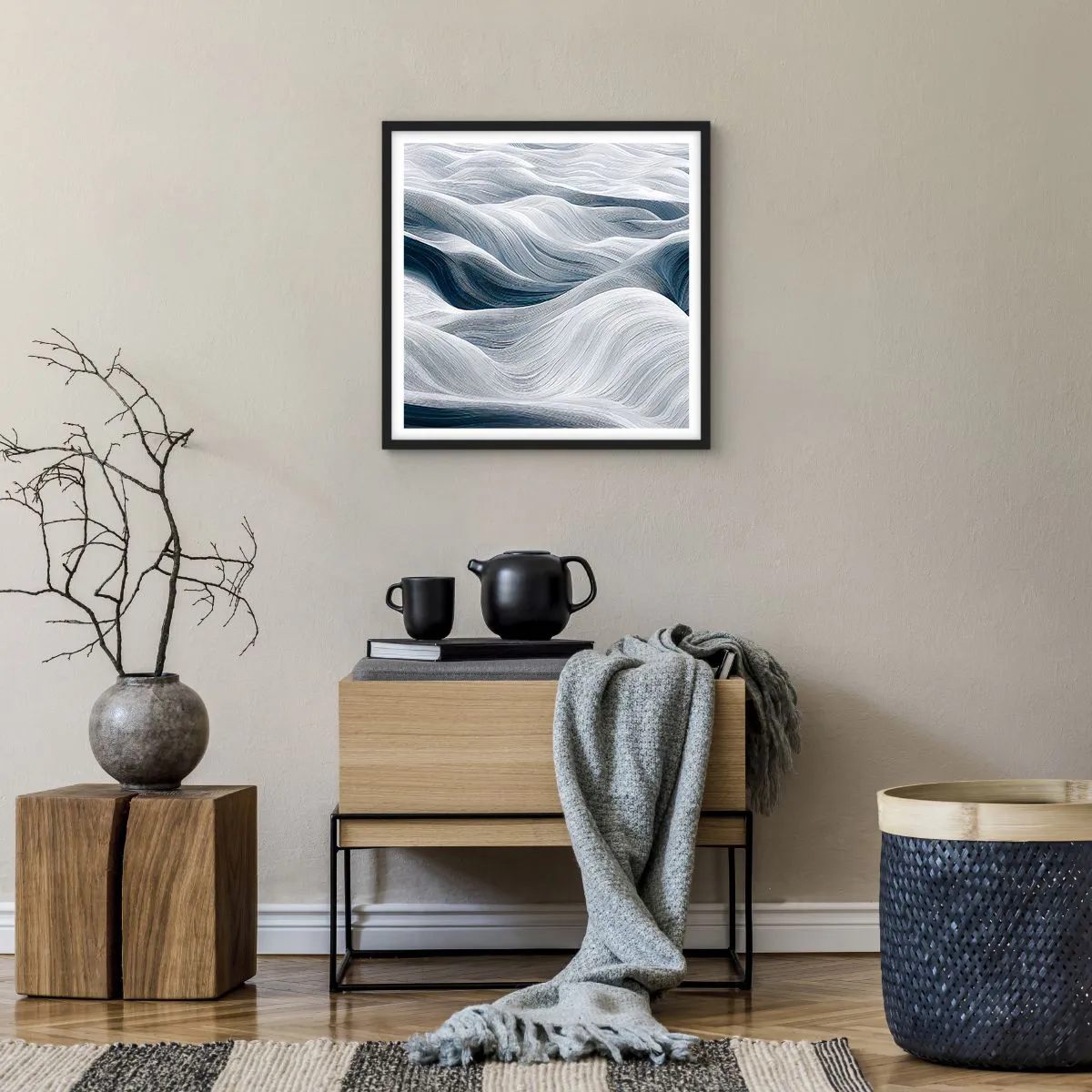 Plagát v čiernom ráme - Biele a modré vlny - 50x50 cm