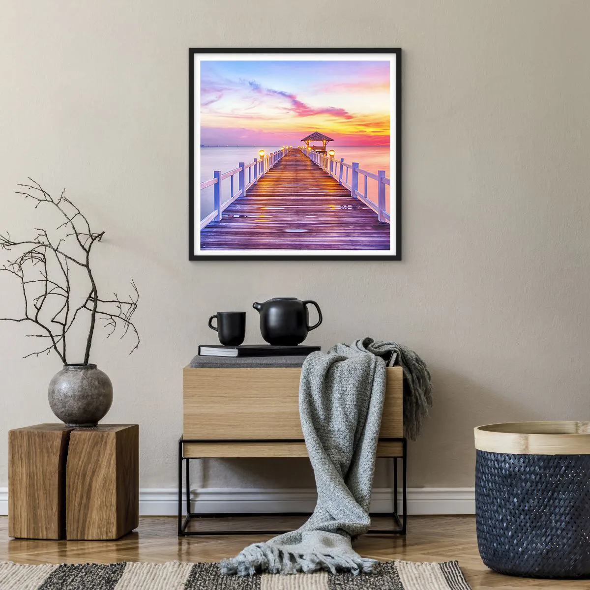 Poster in cornice nera - Silenzio della sera in lilla e oro - 60x60 cm