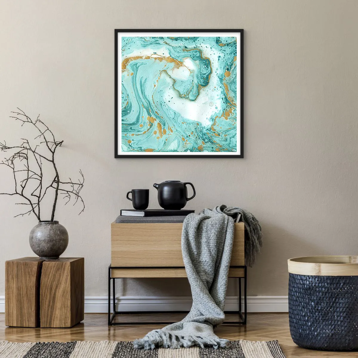 Plakat i sort ramme - Under den store bølge i Edo-perioden - 60x60 cm