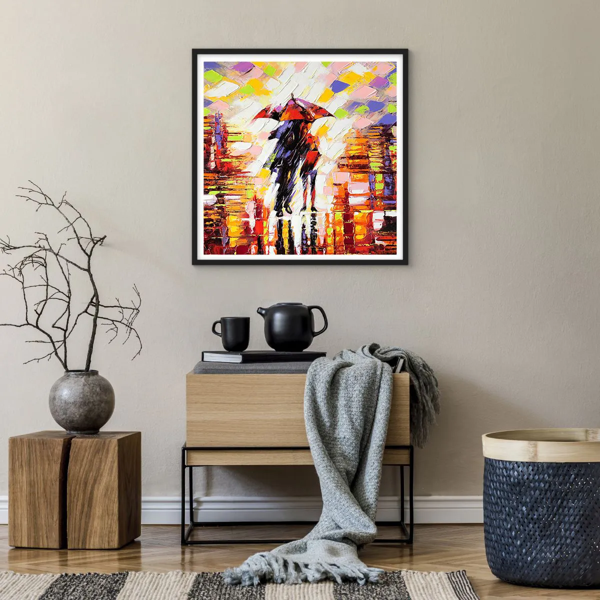 Poster in cornice nera - Insieme nella notte e nella pioggia - 60x60 cm
