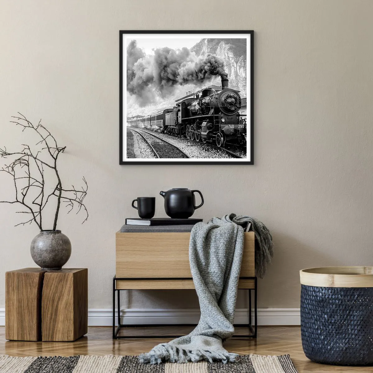 Affiche dans un cadre noir - Poster - Attend à la gare... - 60x60 cm