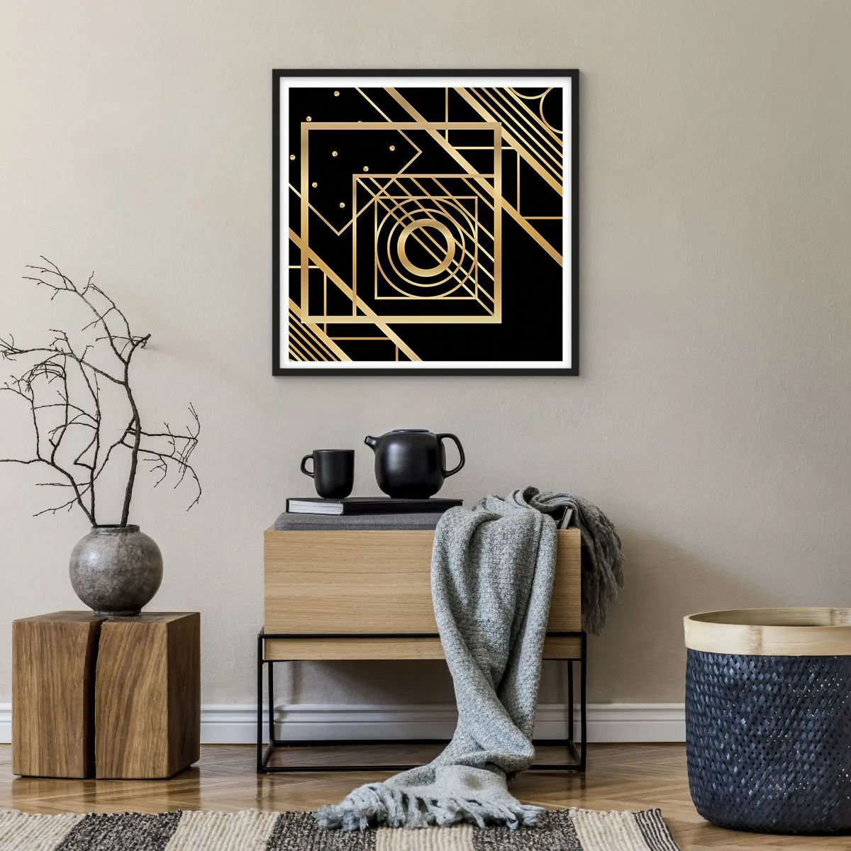 Plakat i sort ramme - Gylden geometri - 60x60 cm