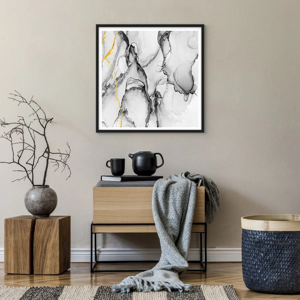 Affisch i svart ram - Komposition med guldmotiv - 60x60 cm