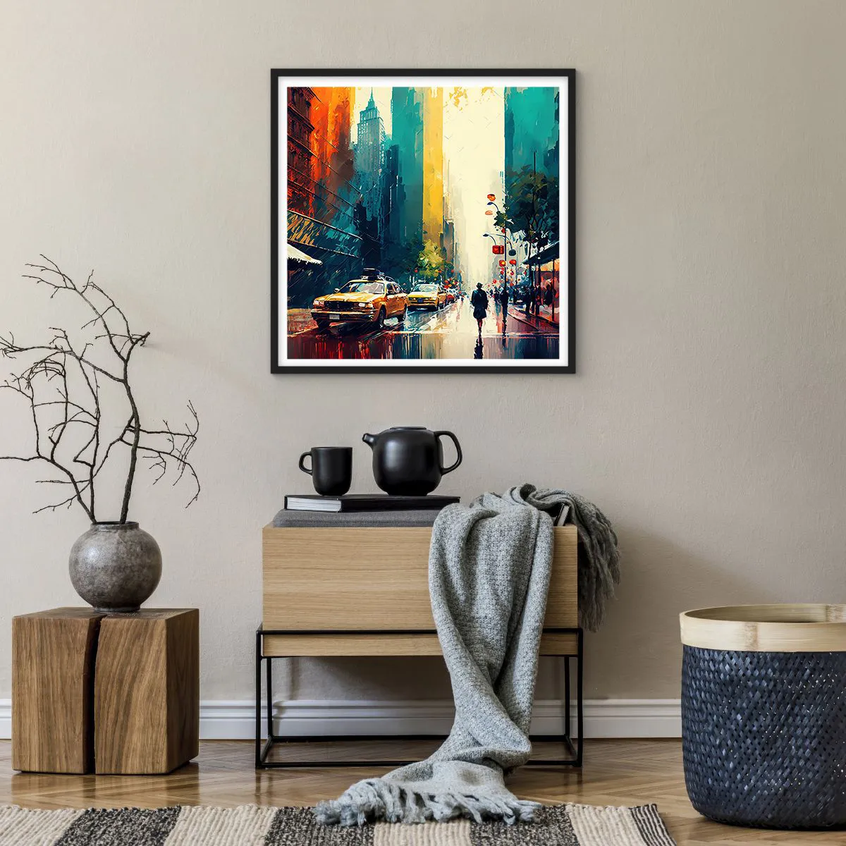 Plakat w czarnej ramie - Nowy Jork – tu nawet deszcz jest kolorowy - 60x60 cm