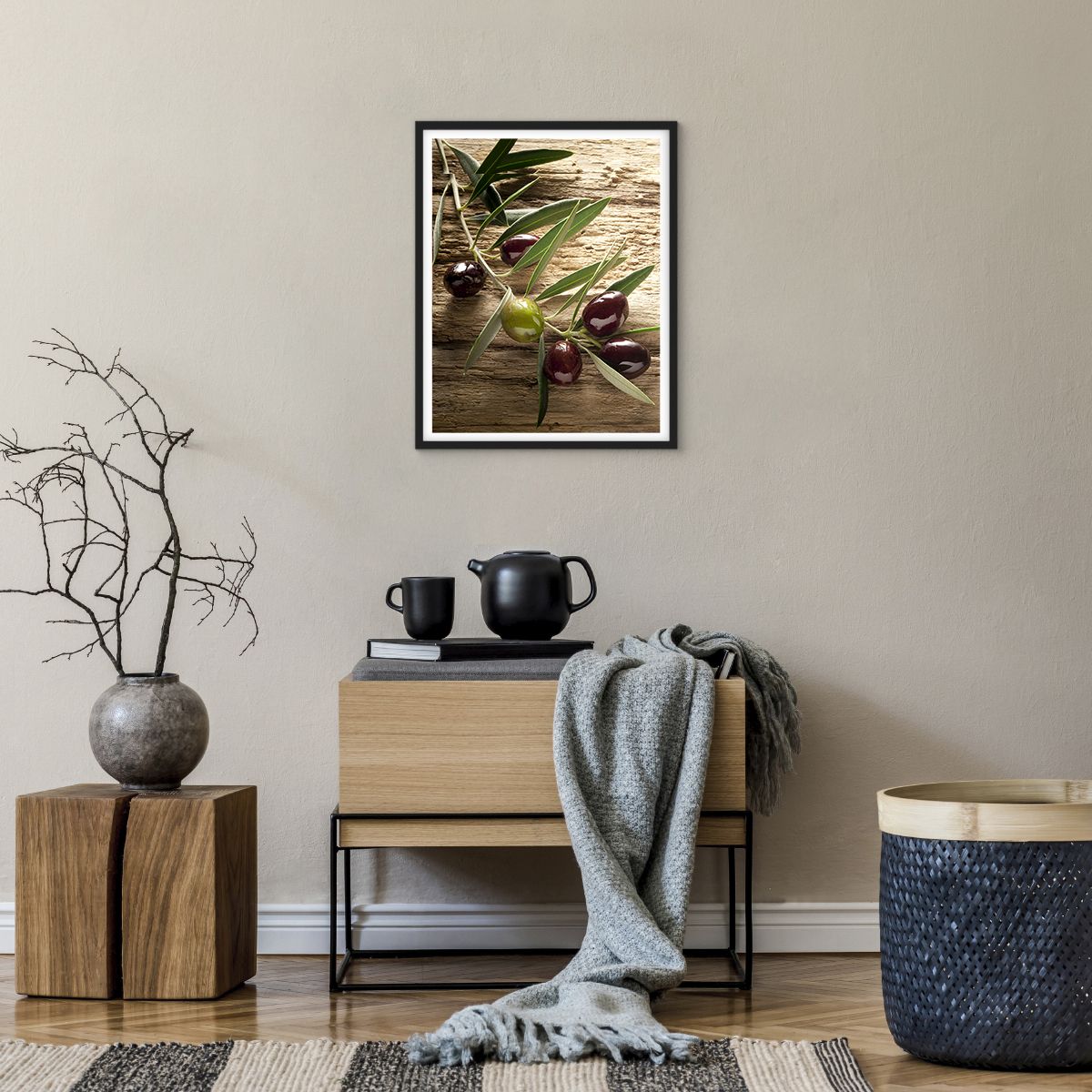 Poster in einem schwarzem Rahmen Ölzweig, Poster in einem schwarzem Rahmen Natur, Poster in einem schwarzem Rahmen Oliven, Poster in einem schwarzem Rahmen Gastronomie, Poster in einem schwarzem Rahmen Küche