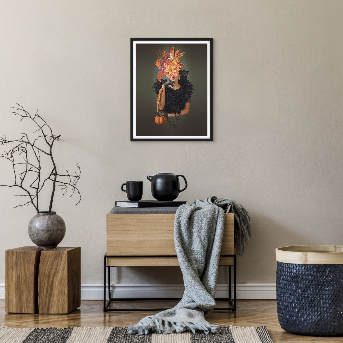 Póster en marco negro Arttor 70x50 cm - Hechizo de bruja - Abstracción,  Mujer, Flores, Fantasía, Arte, Para el salón, Para el dormitorio, Marrón