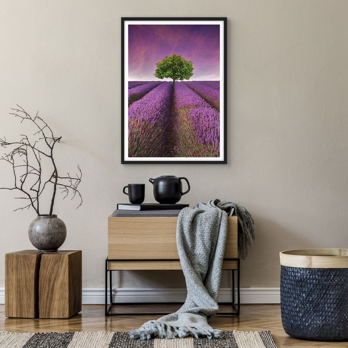 Poster in einem schwarzem Rahmen Landschaft, Poster in einem schwarzem Rahmen Lavendelfeld, Poster in einem schwarzem Rahmen Natur, Poster in einem schwarzem Rahmen Der Sonnenuntergang, Poster in einem schwarzem Rahmen Baum