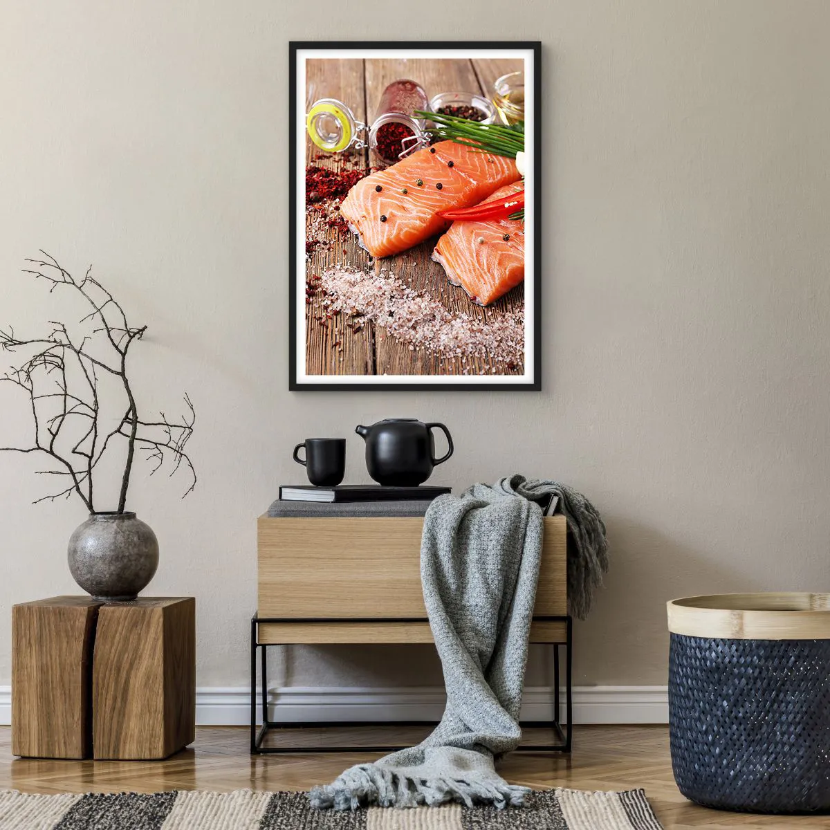 Poszter fehér keretben - Lazacfilé fűszerekkel rusztikus alapon - 50x70cm - Norvég kaland a konyhában - Modern fali dekoráció nappalihoz és hálószobához ARTTOR