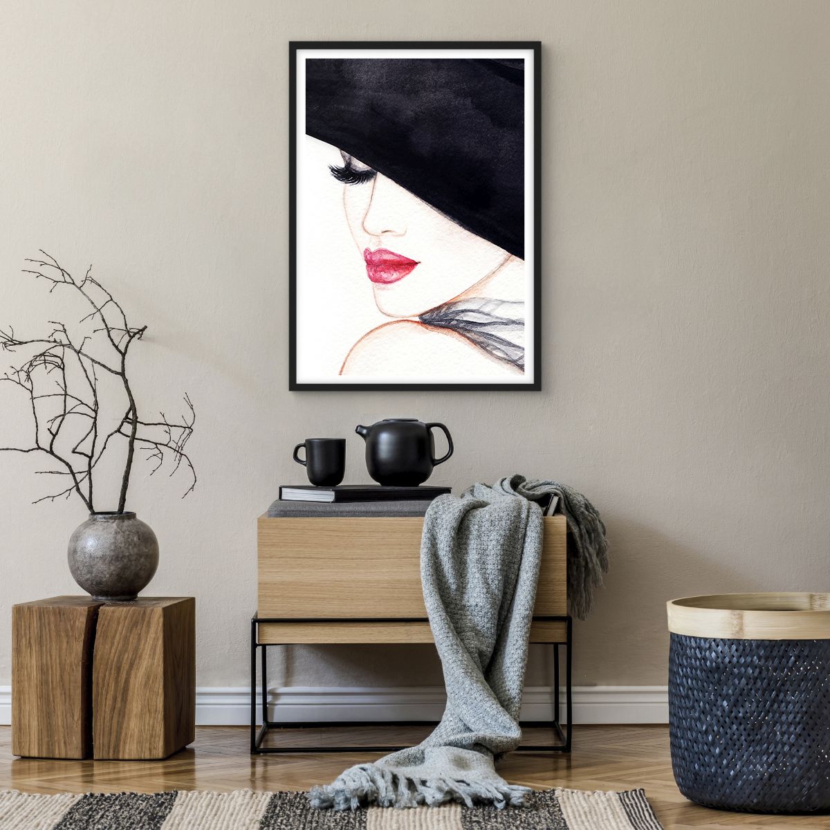 Poster in einem schwarzem Rahmen Frau, Poster in einem schwarzem Rahmen Rote Lippen, Poster in einem schwarzem Rahmen Schwarzer Hut, Poster in einem schwarzem Rahmen Kunst, Poster in einem schwarzem Rahmen Geheimnisvolles Gesicht