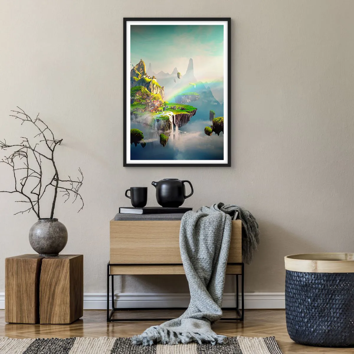 Plagát v čiernom ráme - Magická krajina s horami, dúhou a vodopádom - 50x70cm - Uprostred neba - šťastné ostrovy - Moderná nástenná dekorácia do obývacej izby a spálne ARTTOR