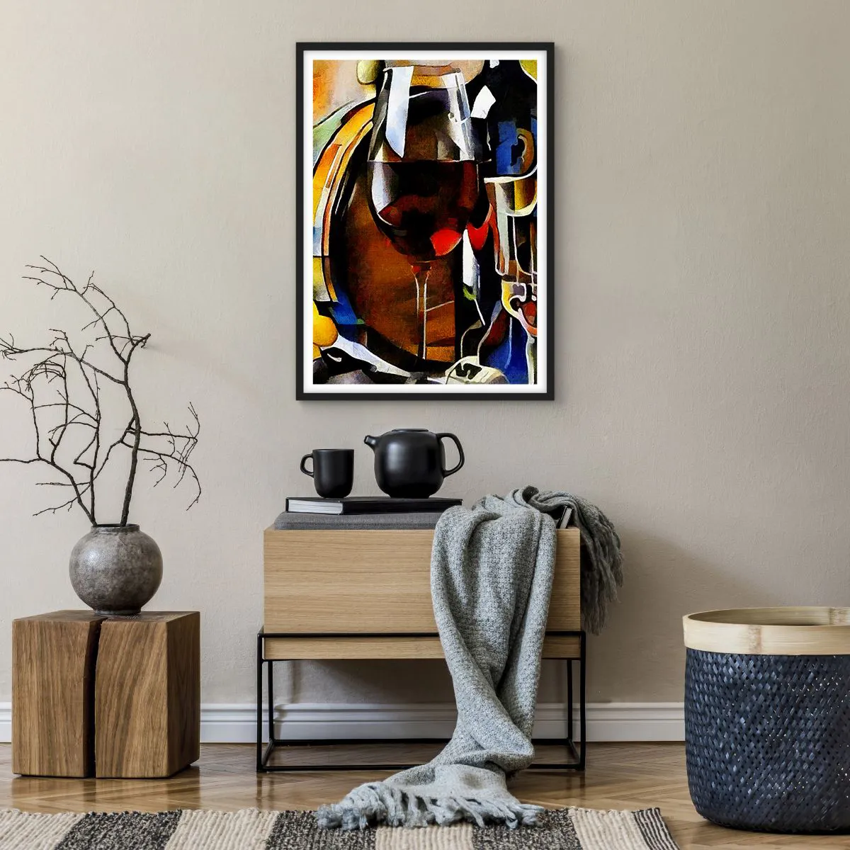 Plakat i sort ramme - Et kunstnerisk gengivet glas rødvin - 50x70cm - Og verden bliver mere farverig - Moderne vægdekoration til stue og soveværelse ARTTOR