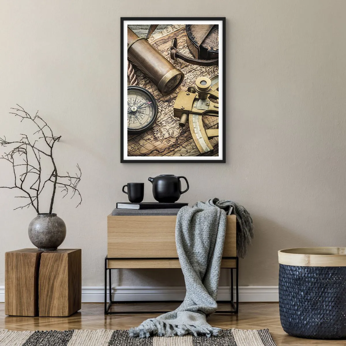 Pôster com moldura preta - Conjunto de navegação com mapa, bússola e sextante - 50x70cm - Definir um rumo - Decoração de parede moderna para a sala de estar e quarto ARTTOR