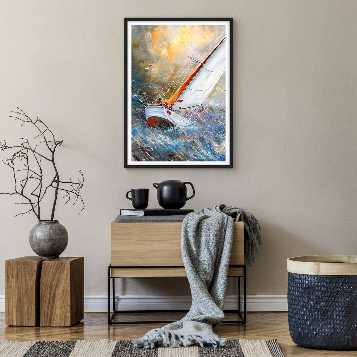 Póster en marco negro - Un yate navegando en un mar tempestuoso en un paisaje pintoresco. - 50x70cm - Surcando las olas - Decoración de pared moderna para salón y dormitorio ARTTOR