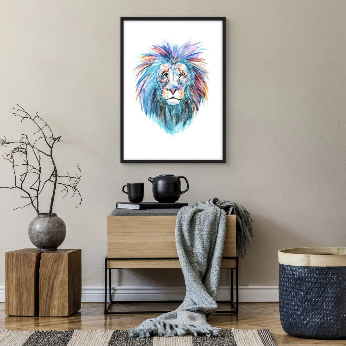 Affiche dans un cadre noir - Poster - Un lion à l'aquarelle colorée sur fond blanc - 50x70cm - Aura électrique - Décoration murale moderne pour le salon et la chambre ARTTOR