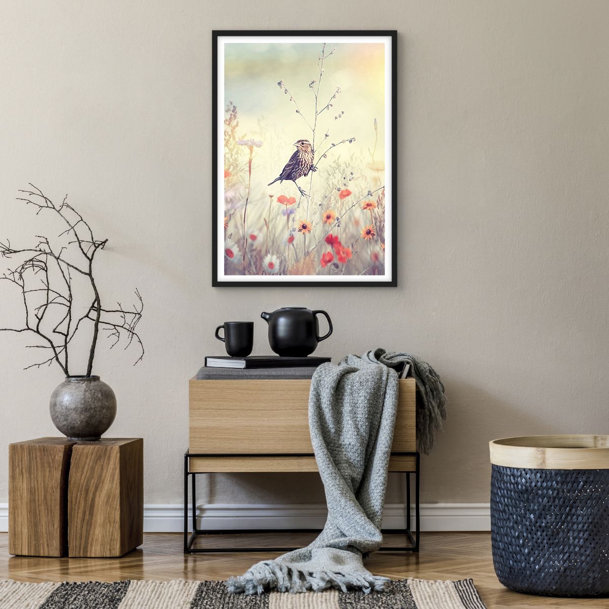 Poster in Black Frame Bird, Poster in Black Frame Meadow, Poster in Black Frame Nature, Poster in Black Frame Field Flowers, Poster in Black Frame Sparrow