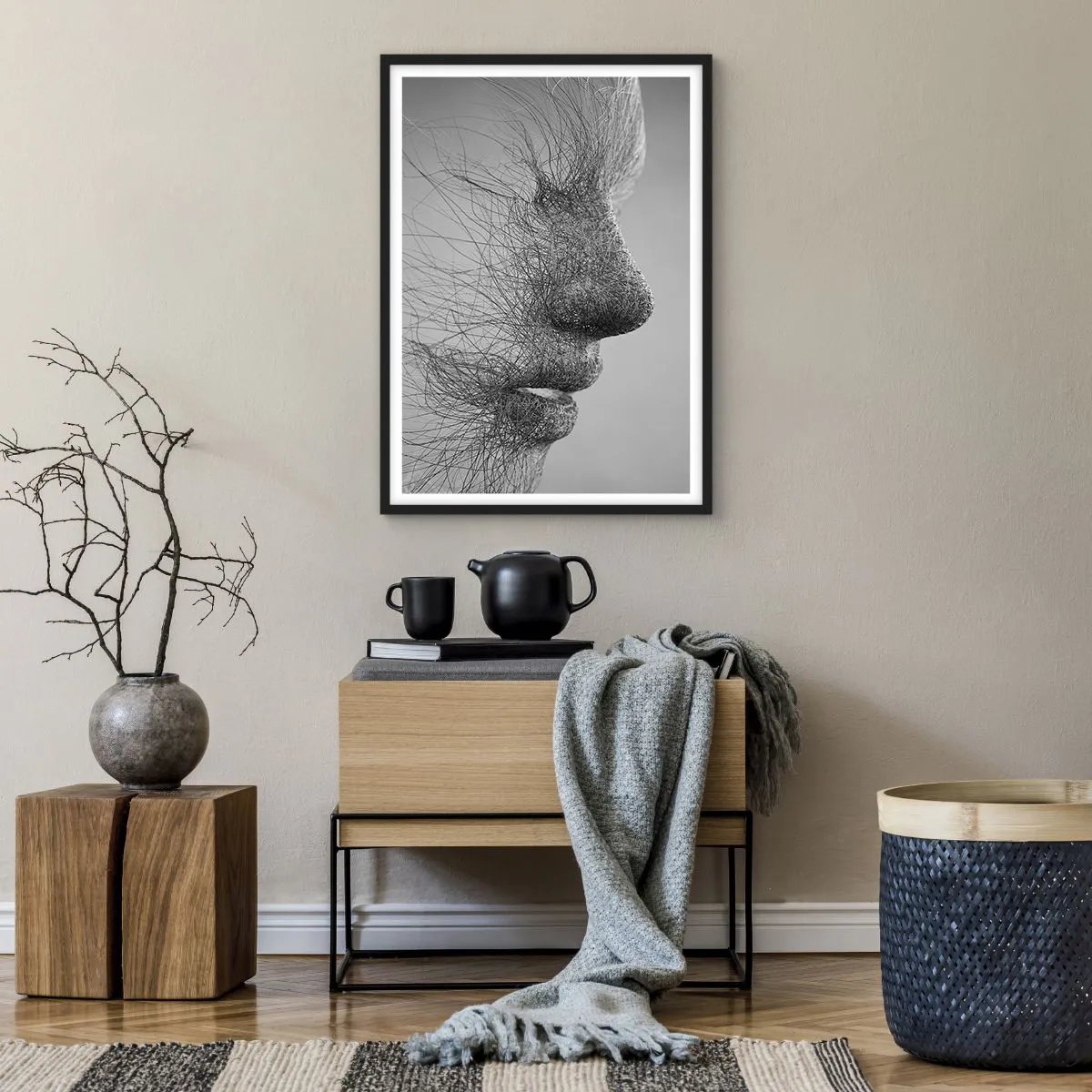 Poster in einem schwarzem Rahmen - Ein Gesichtsprofil aus feinen Linien und Texturen - 50x70cm - Der Geist des Windes - Moderne Wanddekoration für Wohnzimmer und Schlafzimmer ARTTOR